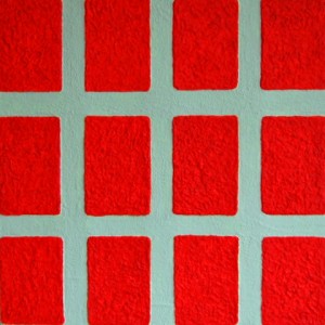 Henk Broeke O.57 - Red oblongs on green fond - 50 x 50 cm - Paper maché and acryl on canvas - 
